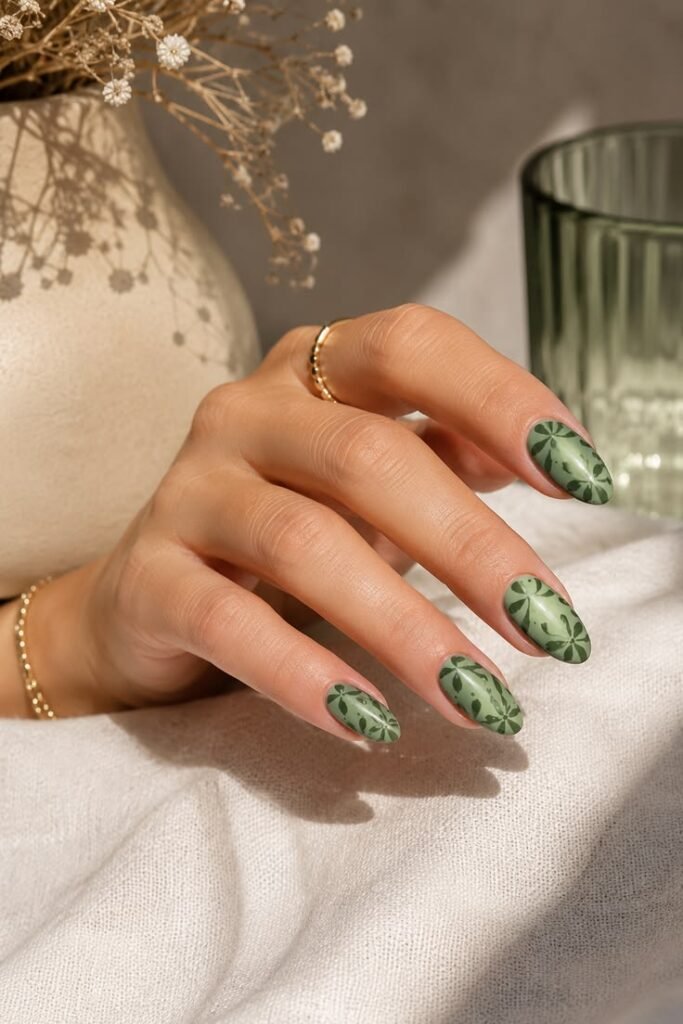 Sage Green Botanical Summer Nails
