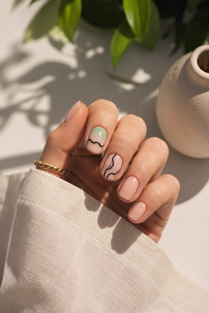Sage Green French Tip Nails With Minimalist Line Art
