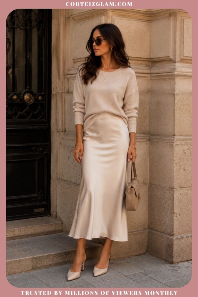 Satin Midi Skirt With a Lightweight Sweater