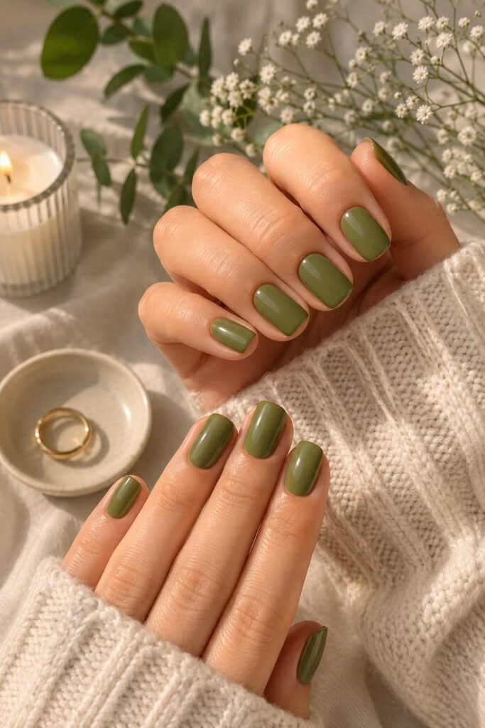 Soft Olive Green Nails With Matcha-Inspired Elegance