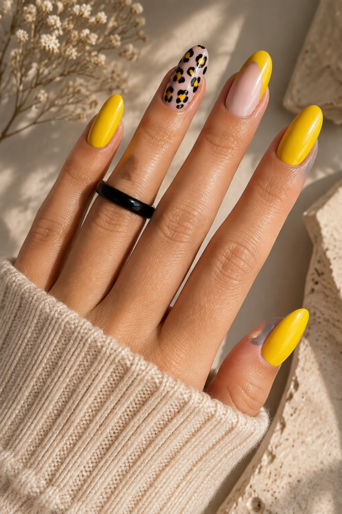 Sunflower Yellow and Leopard Print Nails
