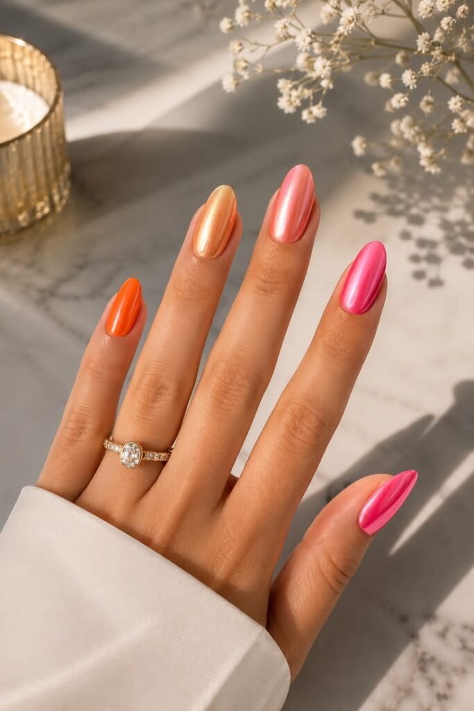 Sunset Gradient Chrome Summer Nails