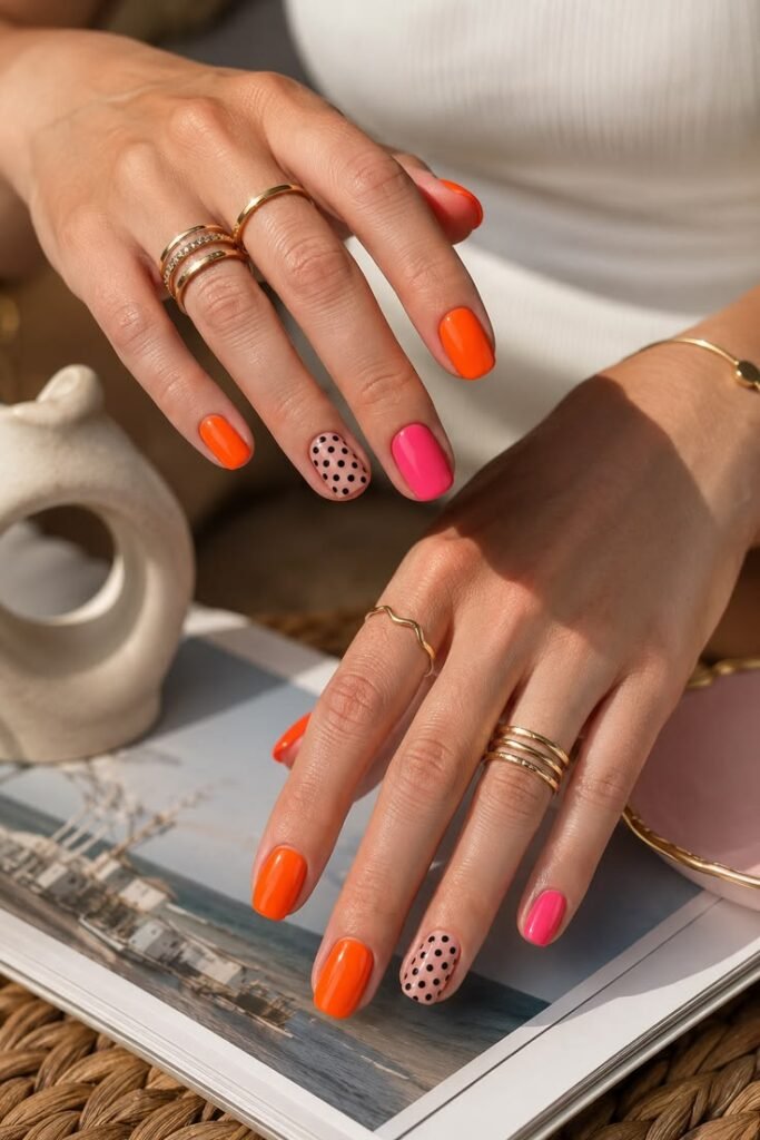 Tangerine Orange and Hot Pink Short Nails