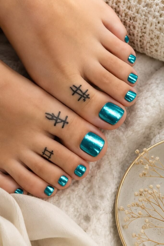 Teal Chrome Toe Nails