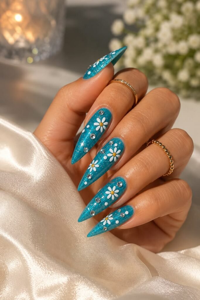 Teal Glitter Stiletto Funky Summer Nails