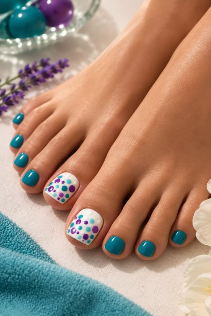 Teal and Purple Confetti August Toe Nails