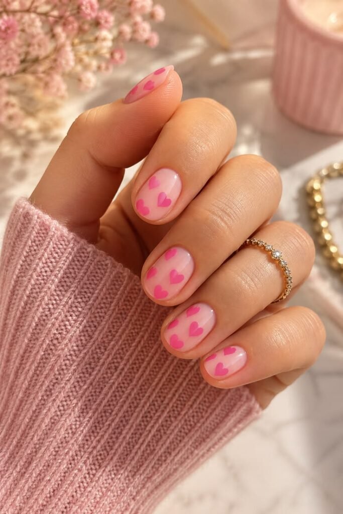 Tiny Pink Heart Short Nails