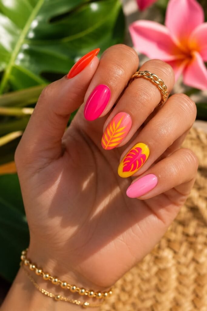 Tropical Pink and Yellow Palm Summer Nails