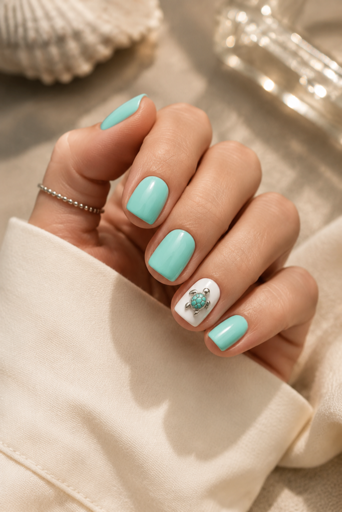 Turquoise Short Nails with Turtle Accent