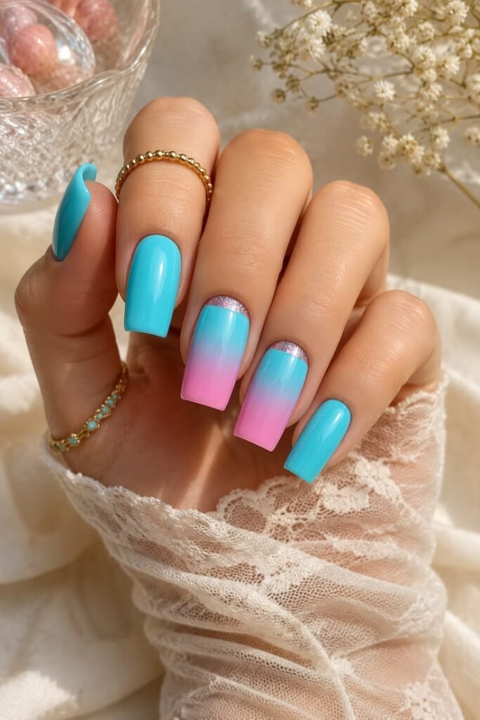 Turquoise and Pink Ombre Nails