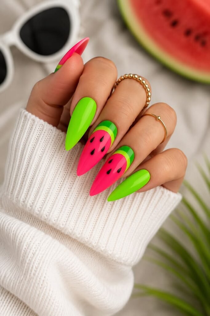 Watermelon-Inspired Neon Almond Nails