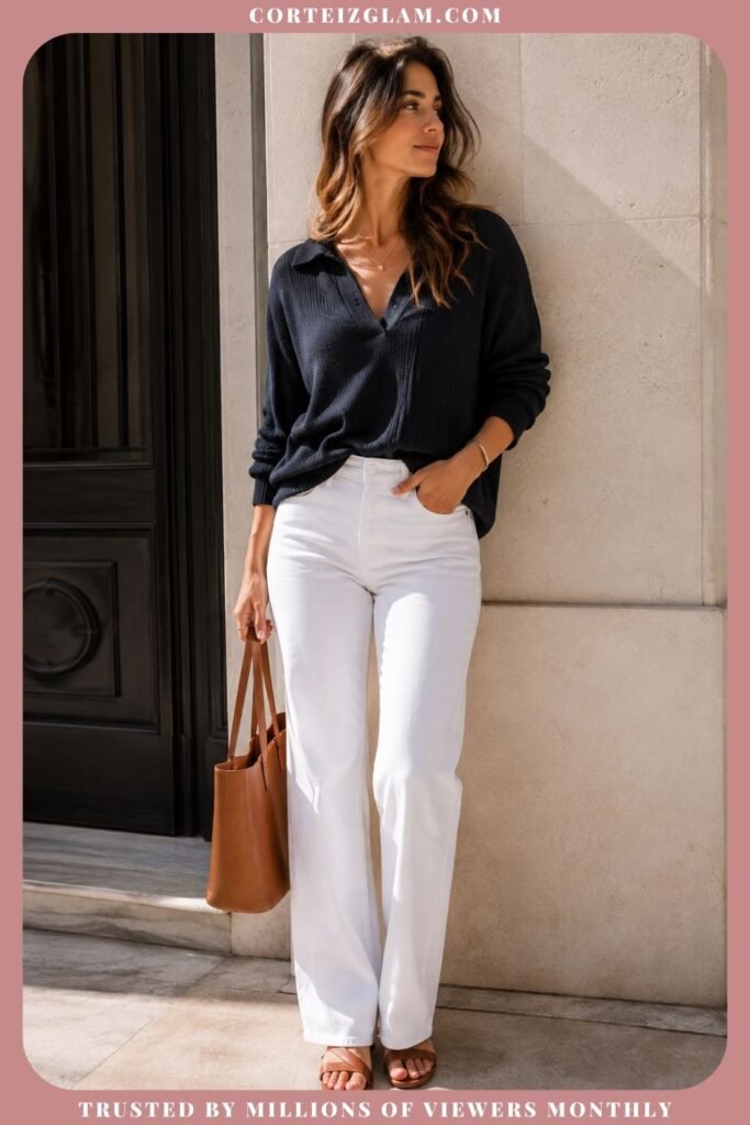 White Jeans With a Lightweight Navy Knit