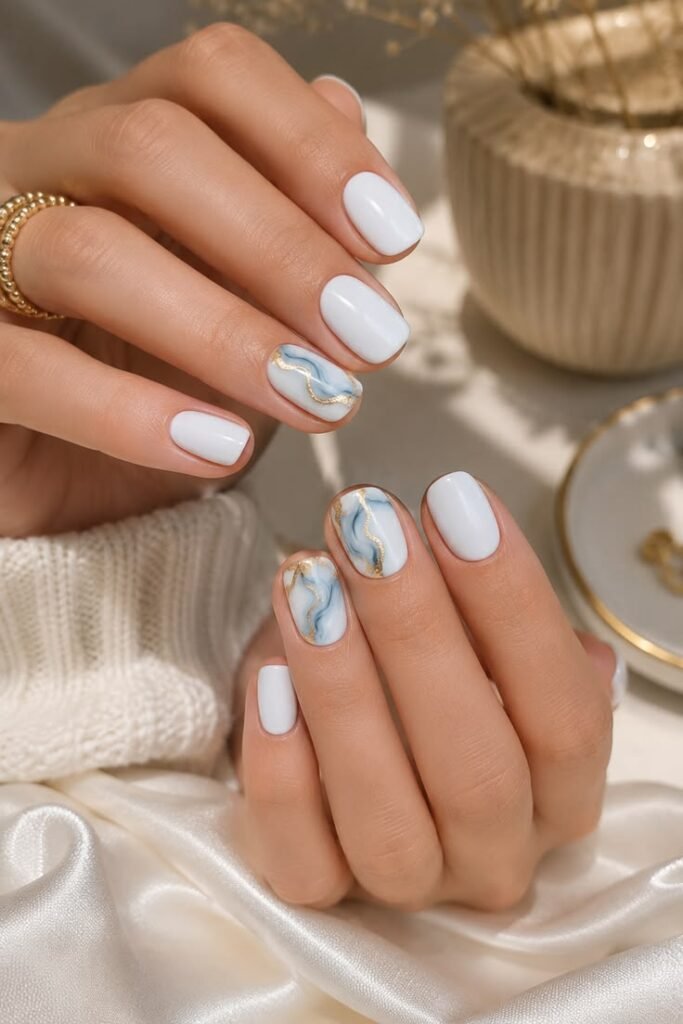 White Marble Nails with Gold Veins