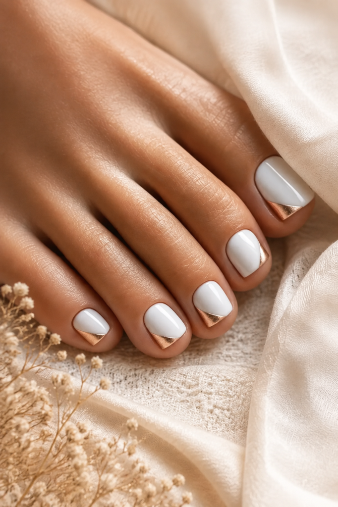 White and Rose Gold Geometric French Toes